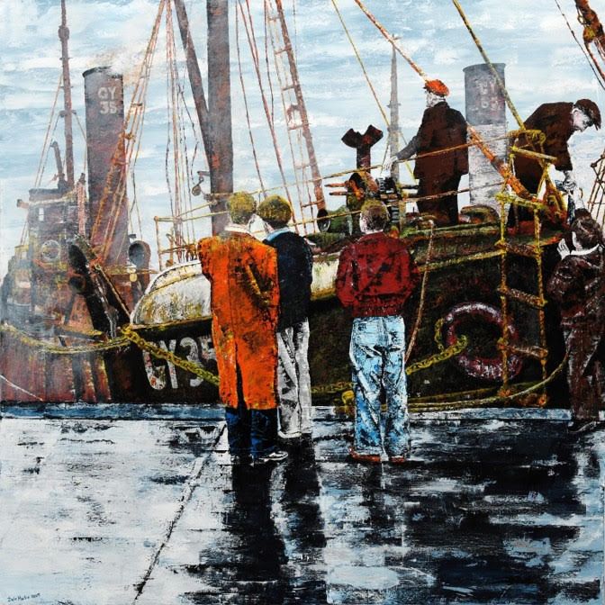 A painting of a group of people standing in front of a boat with the number g129 on it