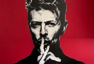 A black and white painting of a man holding his finger to his mouth.