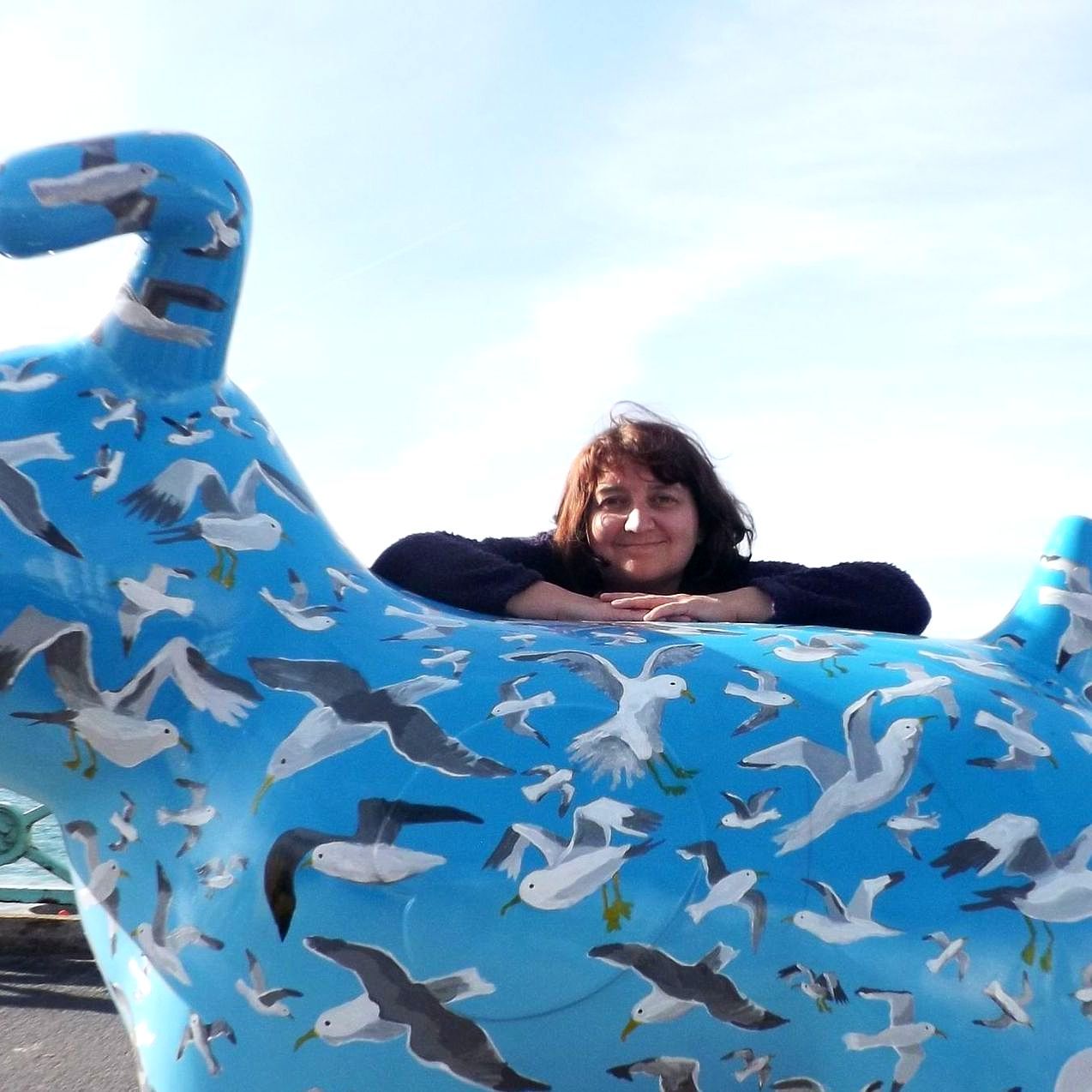 A woman laying on top of a blue animal with seagulls on it