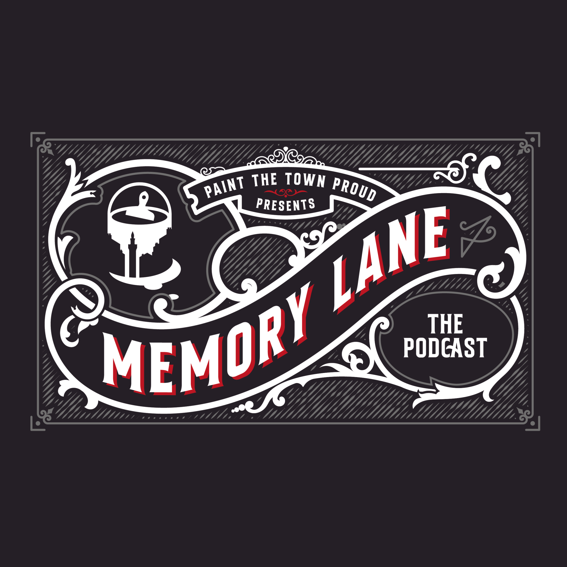 A black and white logo for memory lane the podcast