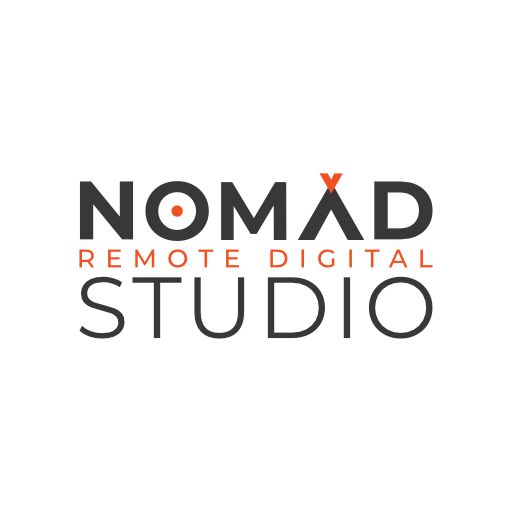The logo for nomad remote digital studio is black and red.
