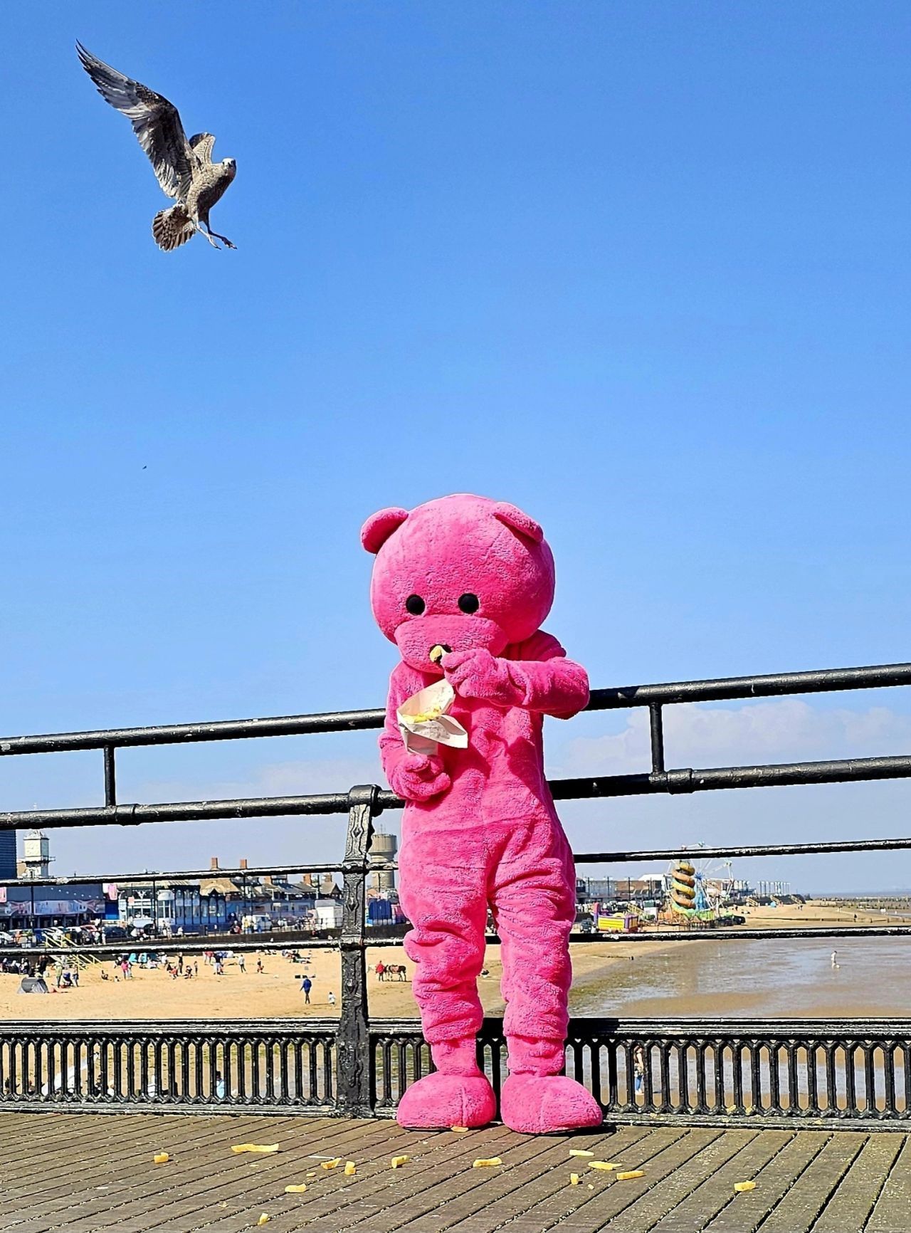 A pink teddy bear is standing on a pier with a bird flying in the background