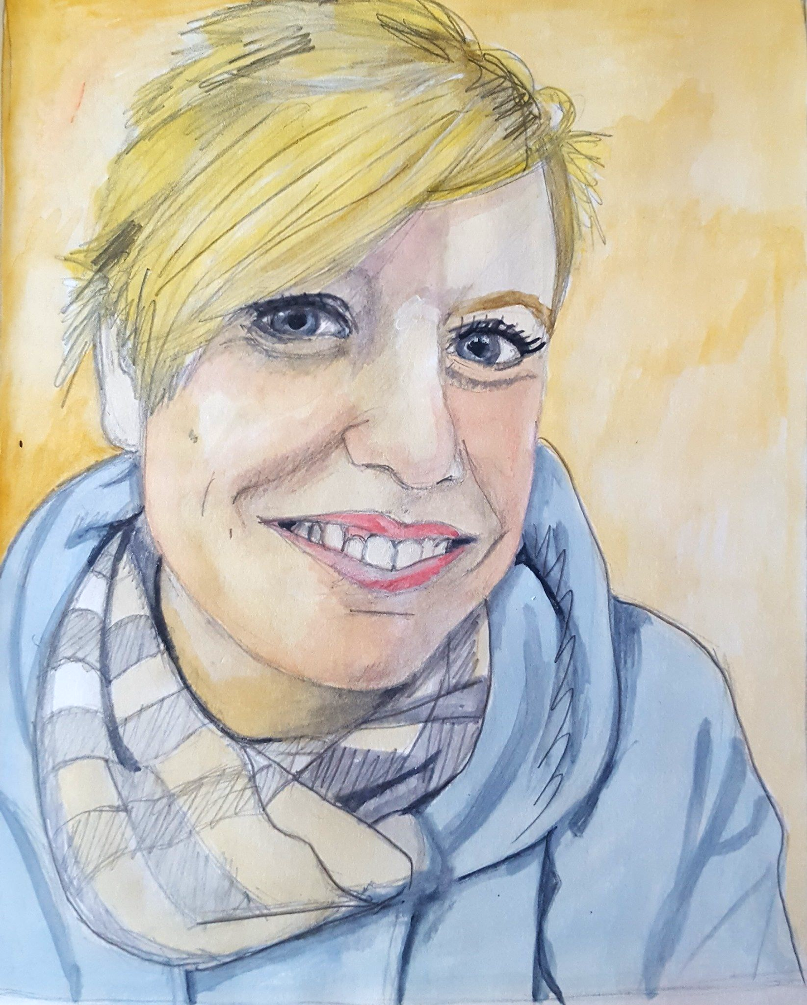 A painting of a woman wearing a scarf and a blue hoodie