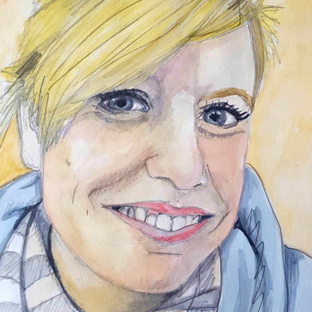 A close up of a woman 's face in a watercolor painting