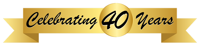 A gold ribbon with the words `` celebrating 40 years '' written on it.