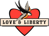 Love & Liberty logo with a red heart, flying bird, and banner text