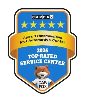 CARFAX 2025 Top-Rated Service Center badge for Apex Transmission and Automotive Center, with CAR FOX mascot