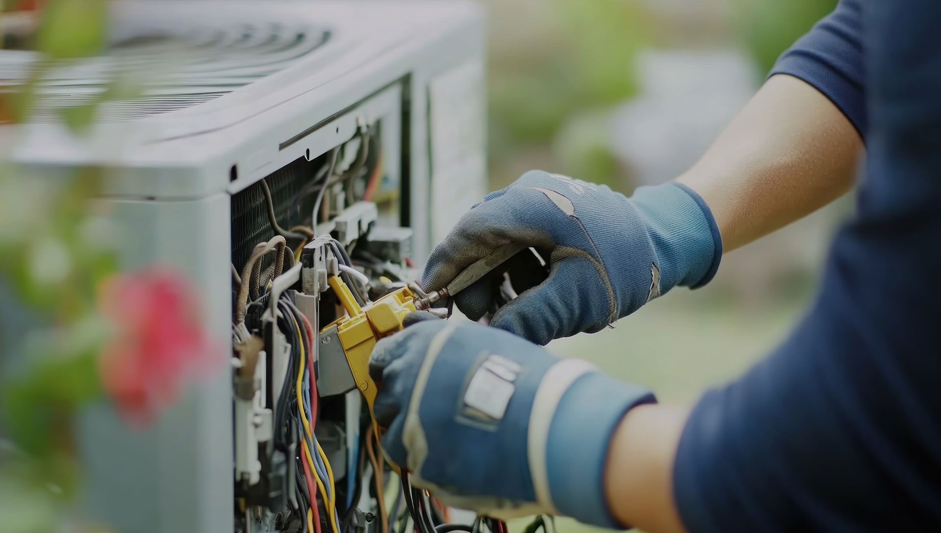 A person in blue gloves repairs an outdoor air conditioner unit; wires and tools are visible.
