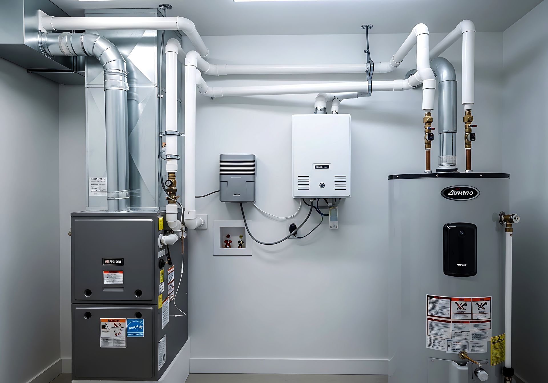 Mechanical room with white pipes, wall-mounted control panel, and large gray water heater units