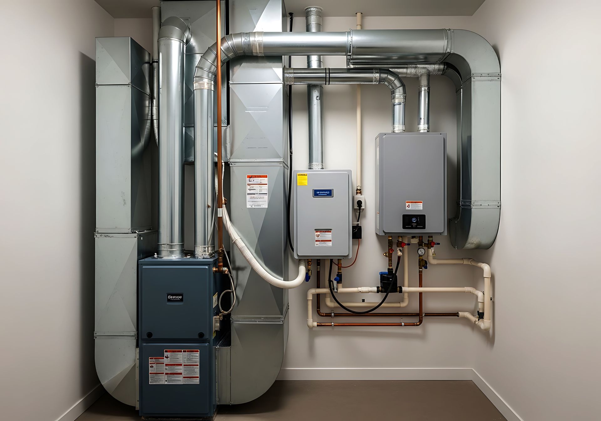 Mechanical room with HVAC and water heater equipment, ductwork, and wall-mounted control boxes.