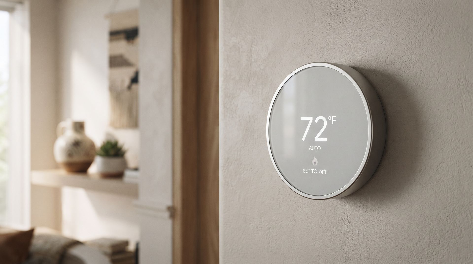 Round white smart thermostat on a beige wall displaying 72° in a modern home interior