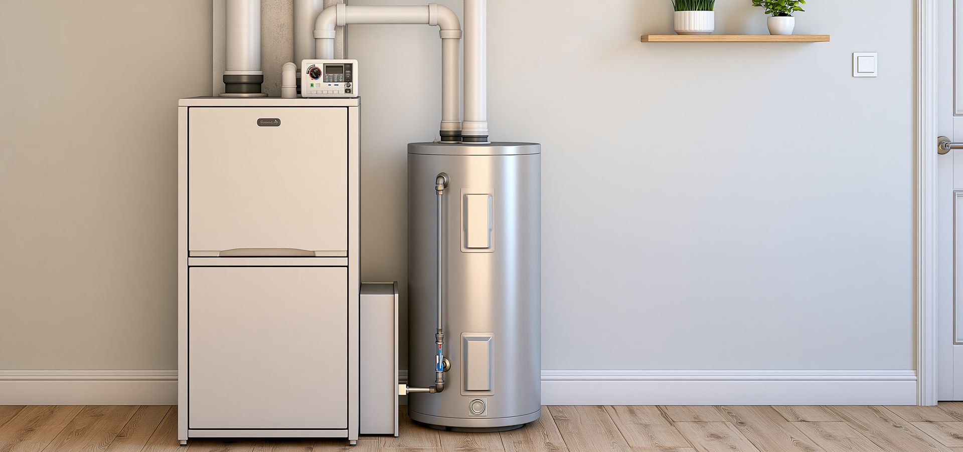 Basement utility area with a water heater, furnace, and piping against a white wall