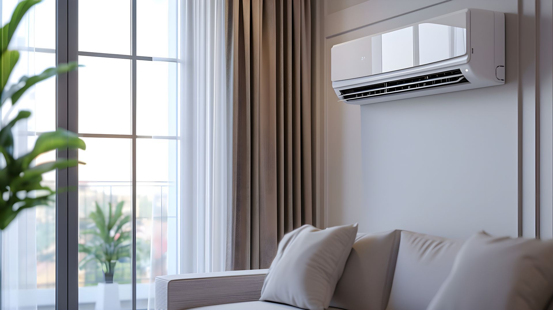 Modern living room with a wall-mounted air conditioner above a beige sofa near large windows. Modern living room with a wall-mounted air conditioner above a beige sofa near large windows.