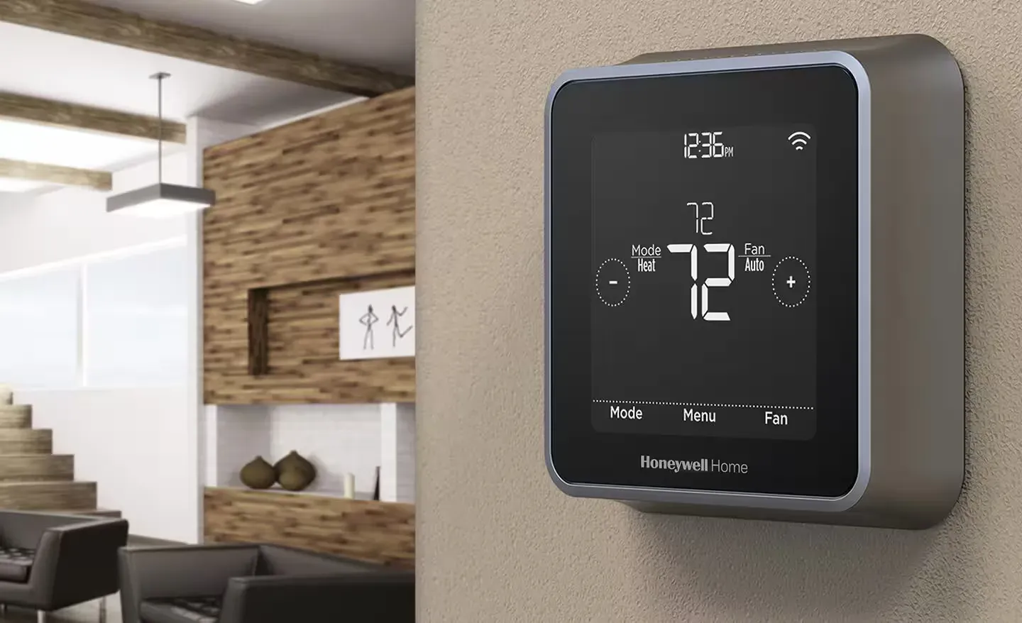 A thermostat is hanging on a wall in a living room. A thermostat is hanging on a wall in a living room.