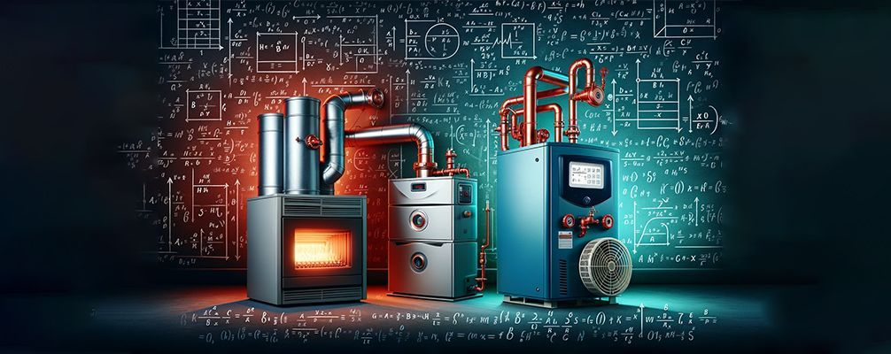 A group of boilers are sitting next to each other in a room. A group of boilers are sitting next to each other in a room.