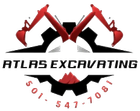 Atlas Excavating logo with red excavator arms and phone number 501-547-7081