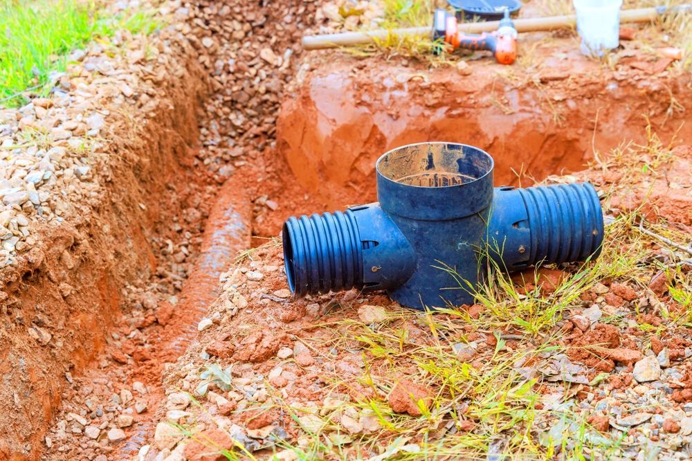 Blue drainage pipe in a dirt trench at a construction site