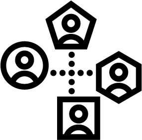A black and white icon of a group of people connected to each other.