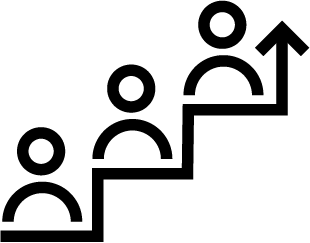 A group of people standing on a set of stairs with an arrow pointing up.