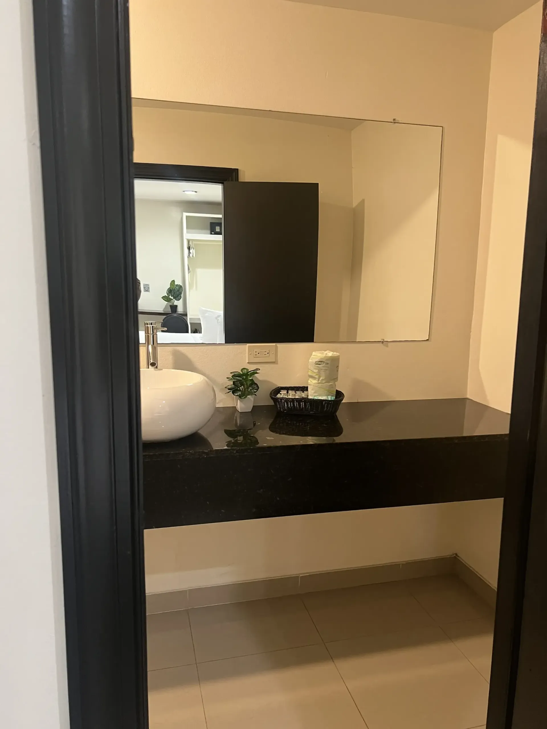 Bathroom vanity with black countertop, white sink, large mirror.