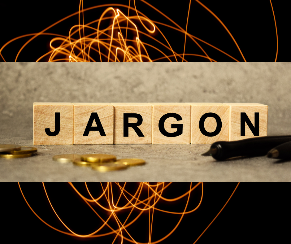 Wooden blocks spelling JARGON amid orange light trails on a black background