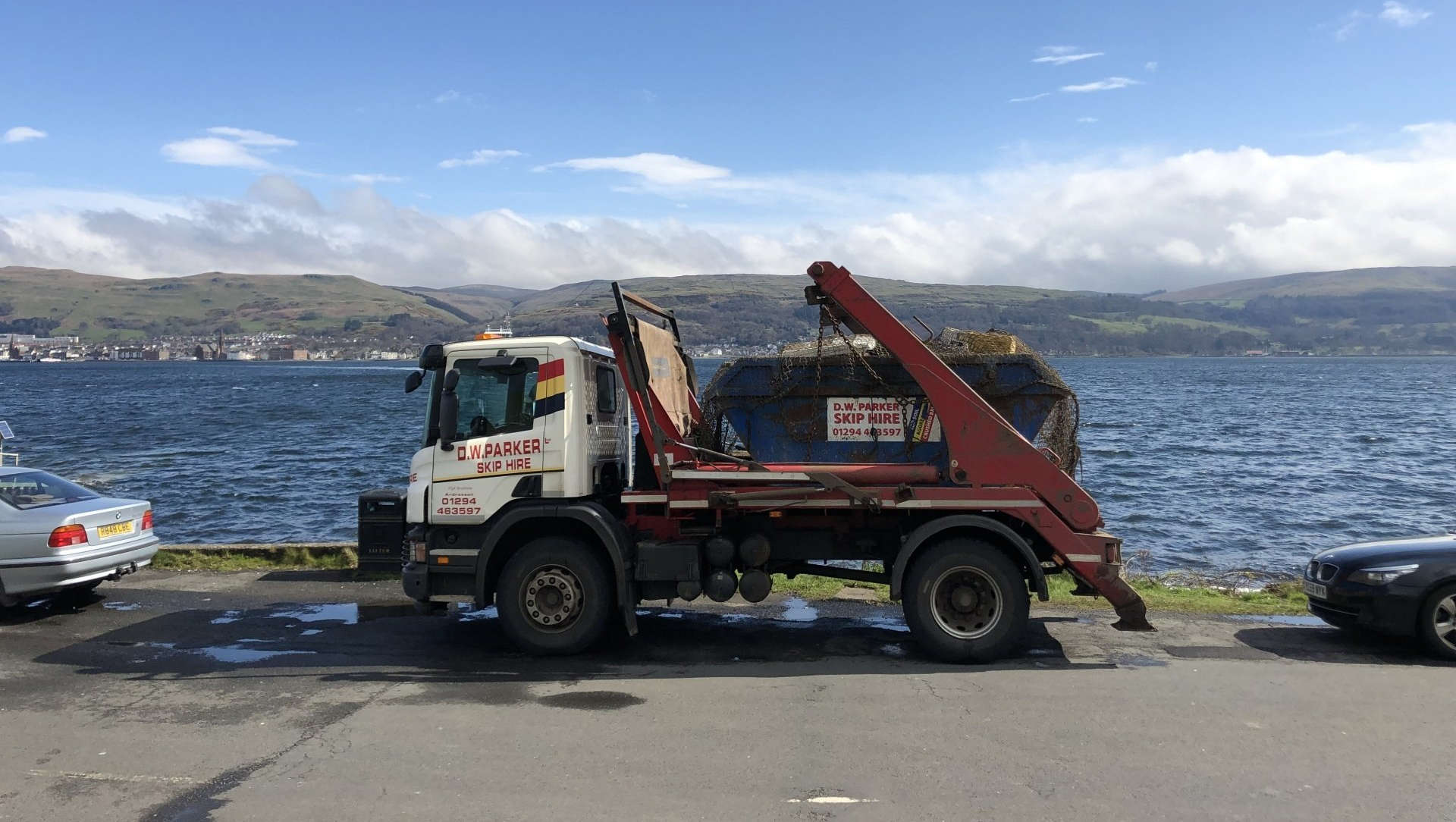 Truck with blue trailer on back
