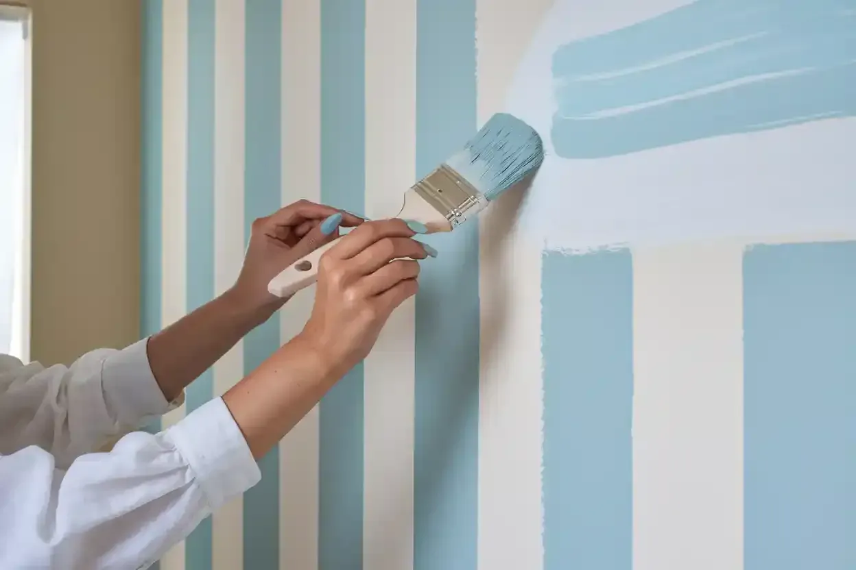 Hands painting blue and white stripes on a wall with a brush