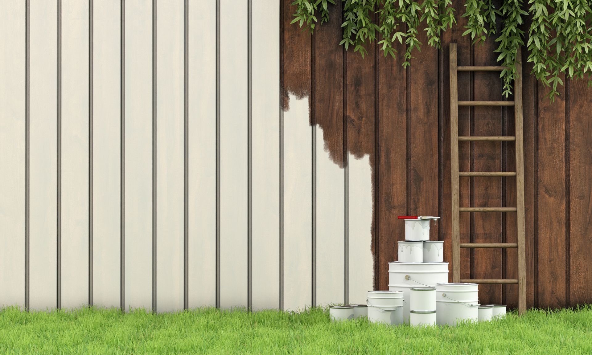 White and brown exterior wall with a ladder, stacked paint cans, and green grass at the base