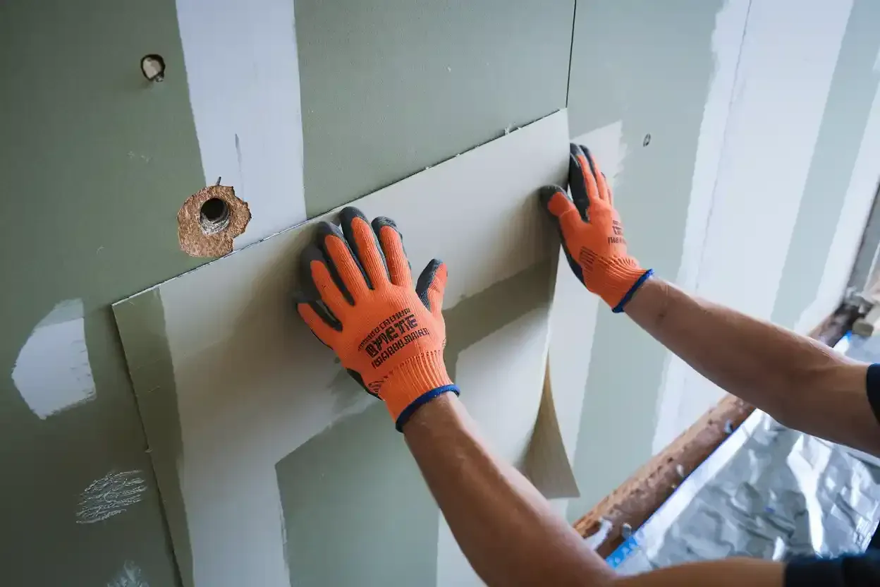 Gloved hands installing drywall with a putty knife on a wall seam