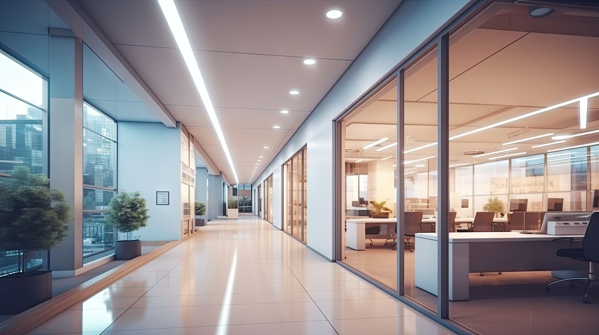 Modern office hallway with glass-walled offices. Bright lighting, potted plants, and city view visible through windows.
