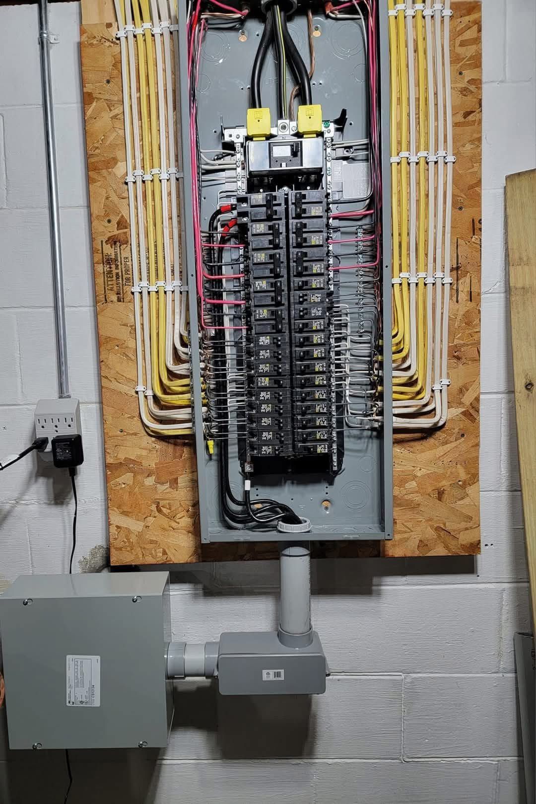 Tableau électrique comportant de nombreux disjoncteurs et câblage sur un panneau OSB, monté sur un mur en béton.