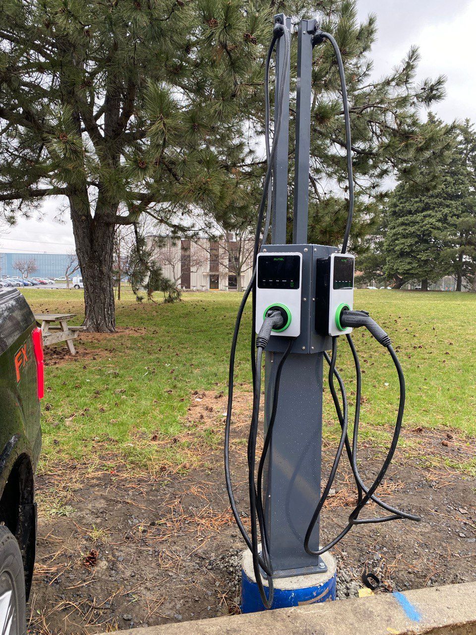 Electric vehicle charging station outdoors; two charging ports, black cables, green and white display screens, gray metal pole.