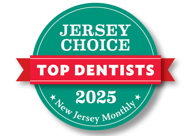 Jersey Choice Top Dentists 2025 badge, green circular seal with red ribbon and white text