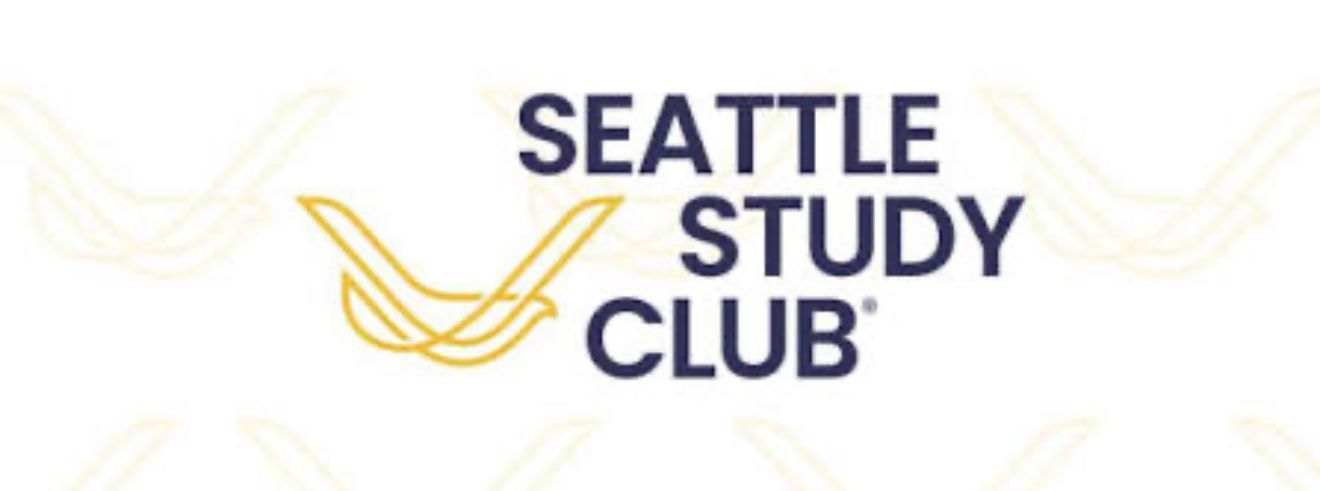 Seattle Study Club logo with dark blue text and a gold bird-like line icon on a white background