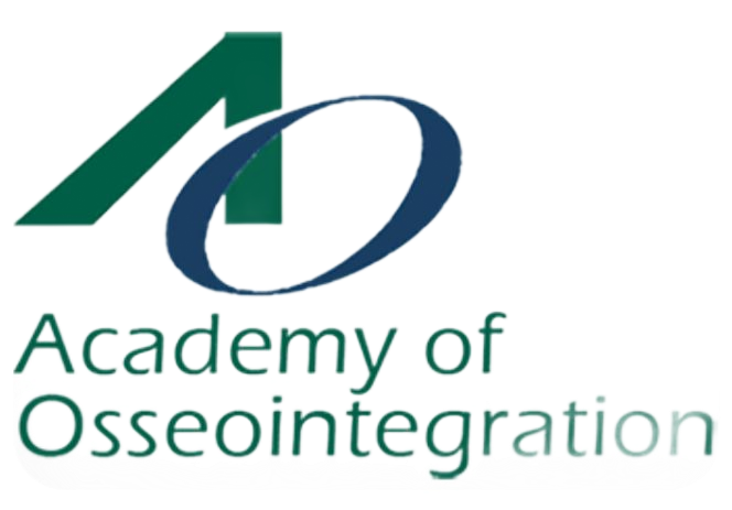 Academy of Osseointegration logo with green and blue abstract mark and teal text
