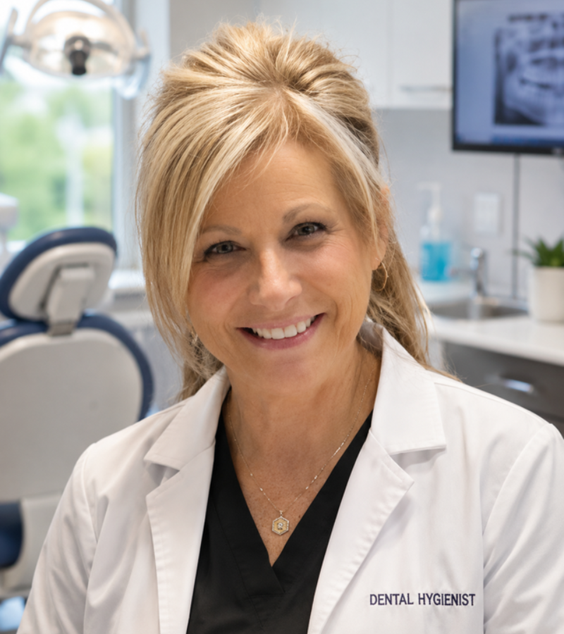Smiling dental hygienist in a white coat in a bright dental office