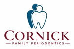 Cornick Family Periodontics logo with maroon text and a blue tooth icon