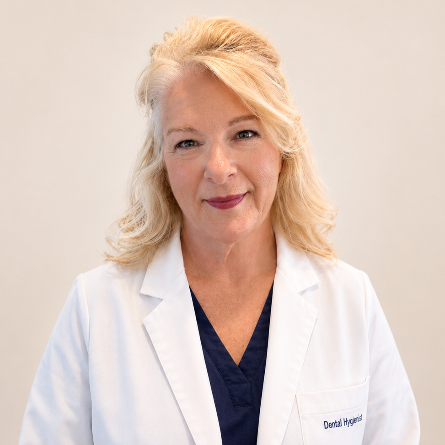 Portrait of a smiling doctor in a white coat and navy scrubs against a light background