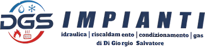 Logo DGS IMPIANTI con testo blu e rosso e piccole icone che rappresentano impianti idraulici, riscaldamento, climatizzazione e gas.