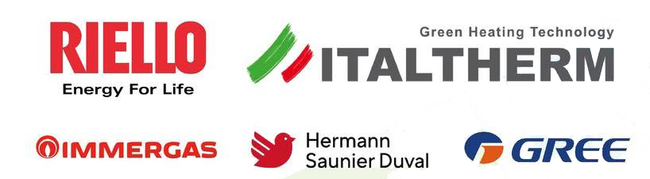 Loghi dei marchi Riello, Italtherm, Immergas, Hermann Saunier Duval e Gree su sfondo bianco