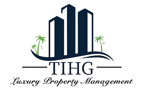 TIHG Luxury Property Management logo with blue skyscrapers and palm trees