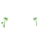 Two small green palm trees on a white background, one on each side.