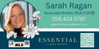 Real estate business card for Sarah Ragan with photo, phone number, email, Redstone Realty Solutions logo, and QR code