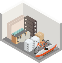 An isometric illustration of a storage room filled with furniture , boxes , a bicycle and a kayak.