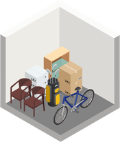 An isometric illustration of a room with a bicycle , chairs , boxes and golf clubs.