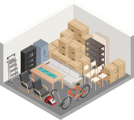 An isometric illustration of a room filled with furniture and boxes.