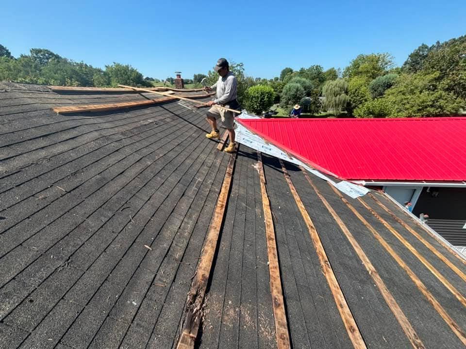 Workers on a blue metal roof, one kneeling and one standing, with trees and fields in the background