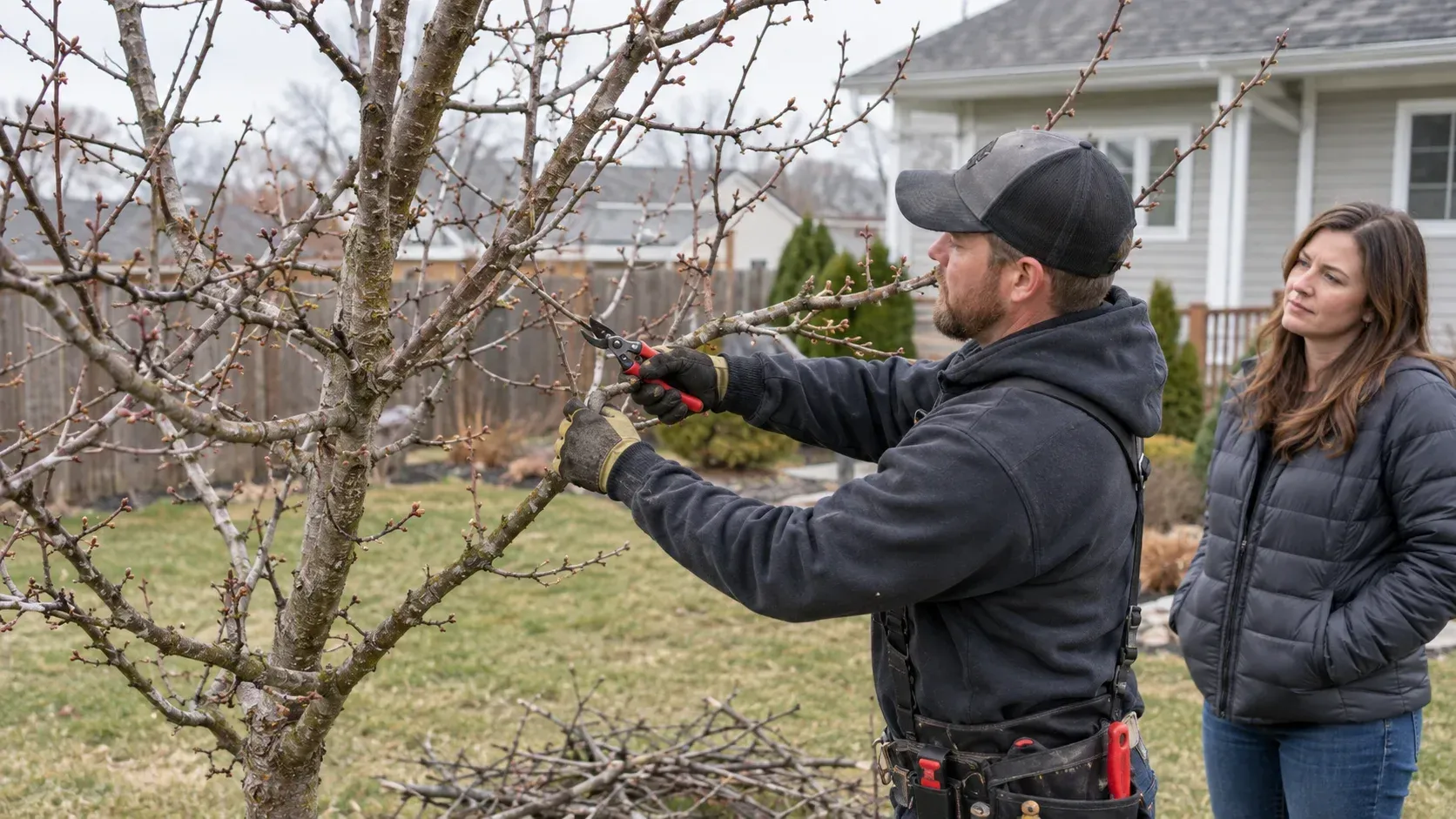 A professional arborist using pruning shears on an overgrown fruit tree in a residential backyard, with a homeowner watching closely, illustrating Can Pruning Fruit Trees Improve Their Harvest in Hudson, IA?.