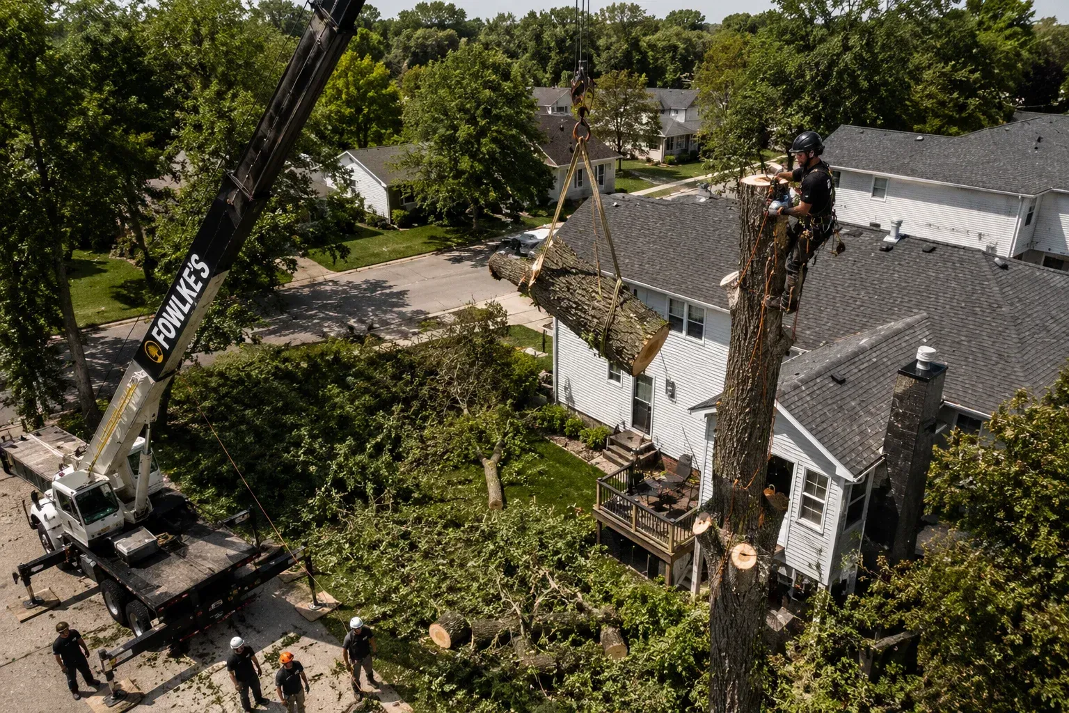 A large crane lifting a tree section over a roof during crane-assisted tree removal.