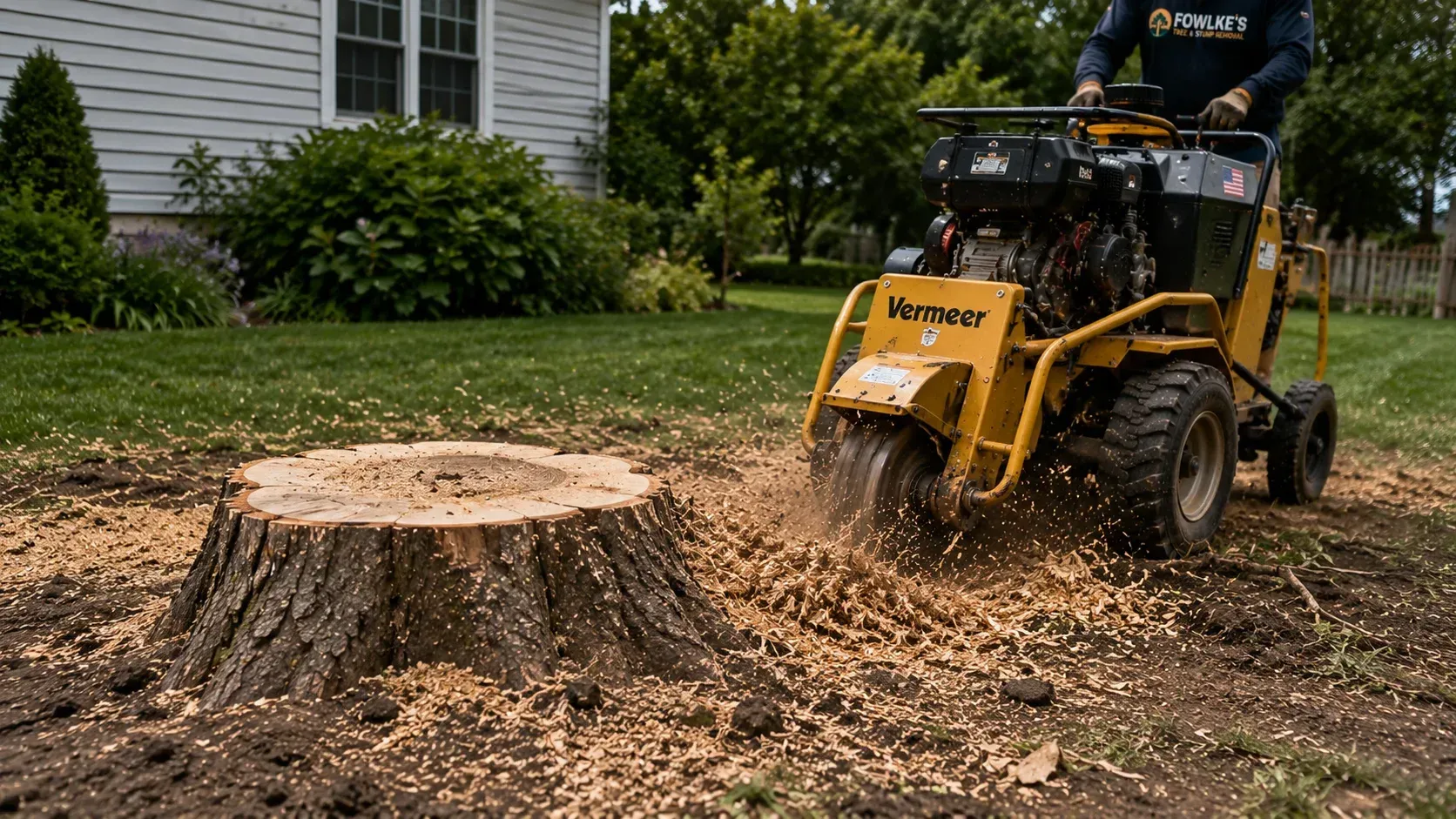 Stump grinding equipment by a stump, showing should you grind or fully remove a tree stump.